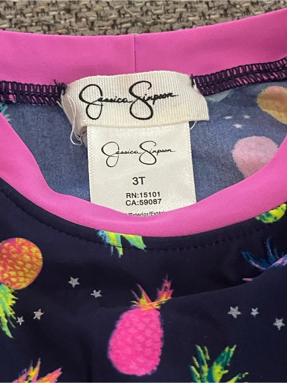 Jessica Simpson Navy Pineapple Print Rashguard Set with Bright Pink Bottoms